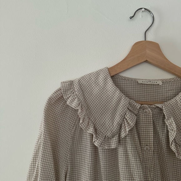 Neuflora Brown and Cream Ruffle Gingham Blouse - Picture 2 of 5